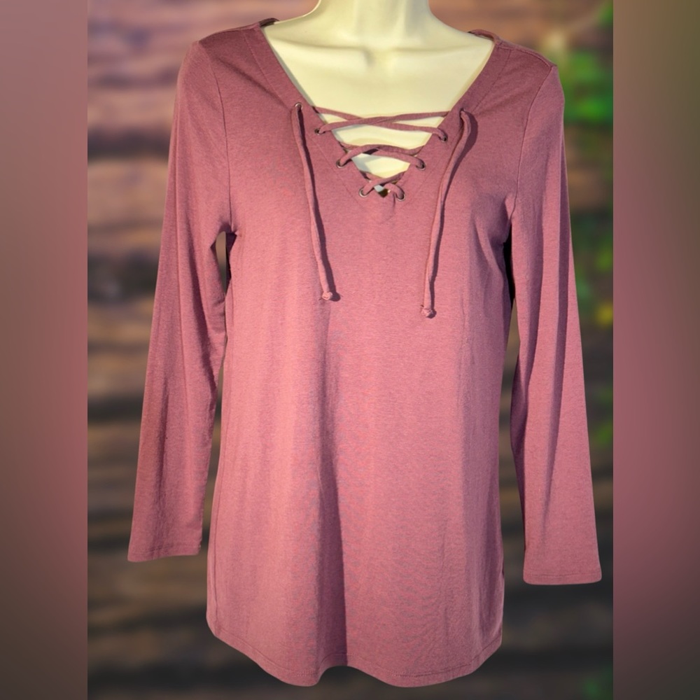 Old Navy Tunic Mauve Top Long Sleeves Lace up Front knit Size M